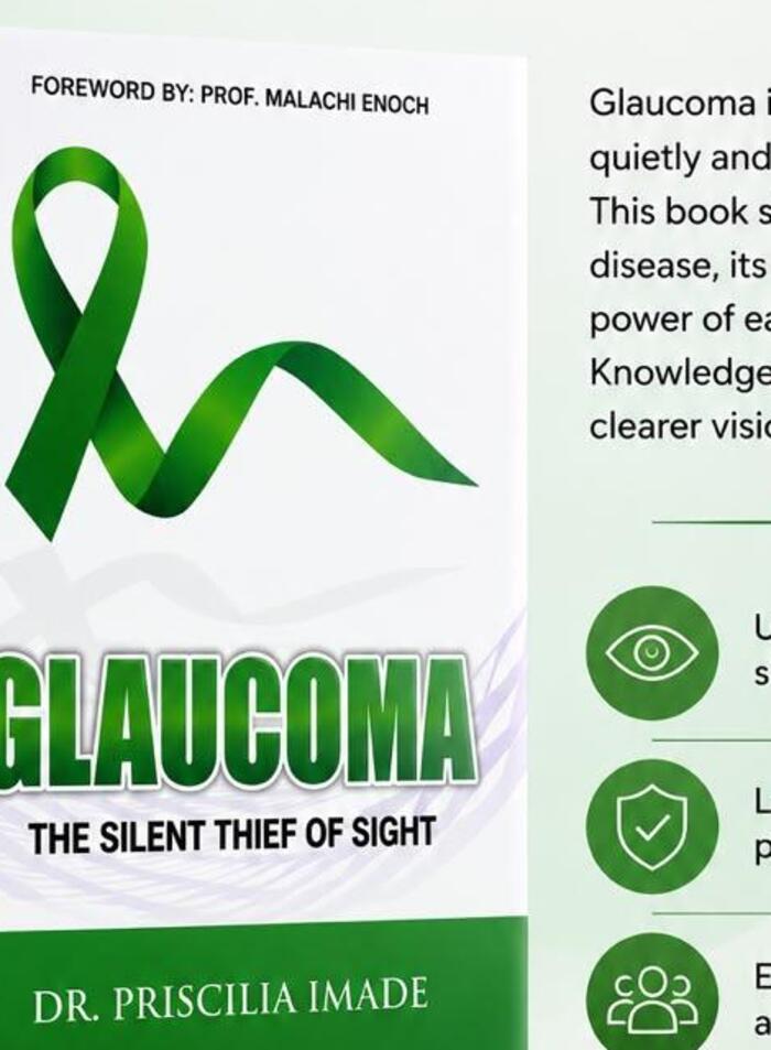 Cover of Glaucoma: The Silent Thief of Sight by Dr. Priscilia Imade, showing a green awareness ribbon.